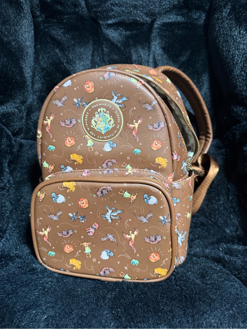 Brown Mini Backpack with Magical Creature Print - Hogwarts Crest